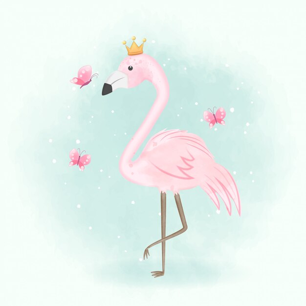 Flamingo y mariposas ilustración dibujada a mano