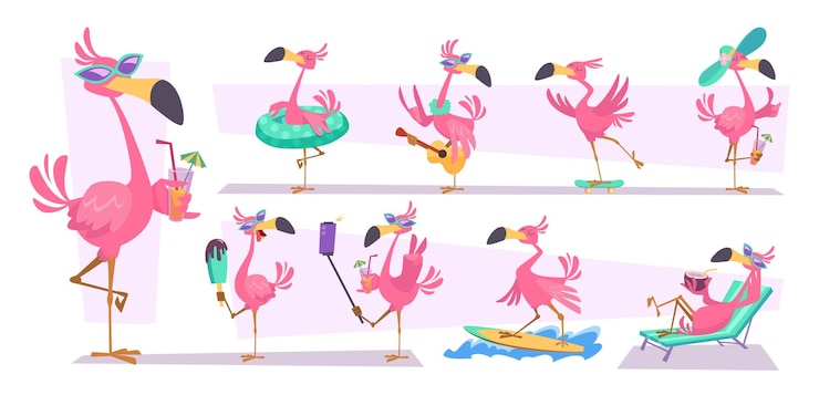 Vector flamingo pájaros de dibujos animados rosados vector exacto pájaros tropicales volando de pie corriendo
