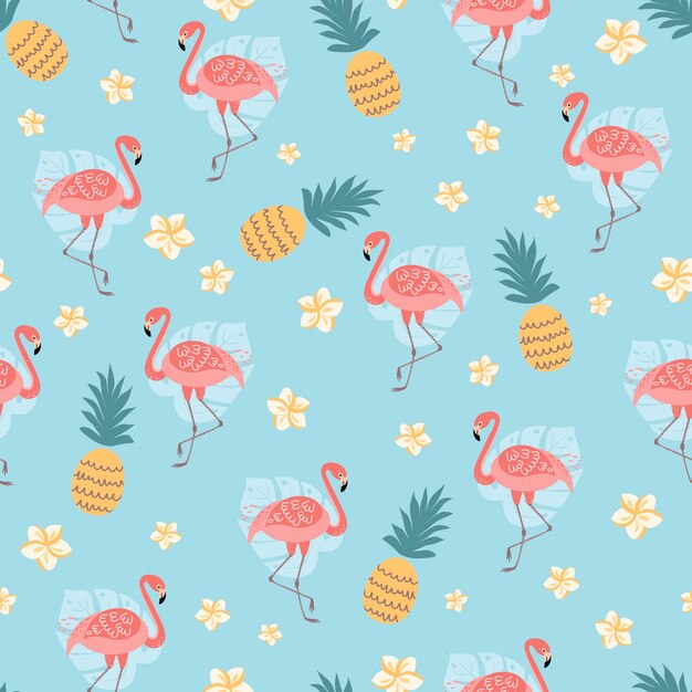 Flamingo patrón sin costuras Estampado tropical Lindas flores de piña sobre fondo azul de verano Papel decorativo