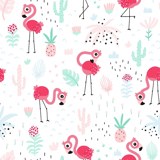 Vector flamingo de patrones sin fisuras fondo de vector tropical de verano con lindos pájaros rosados en la selva