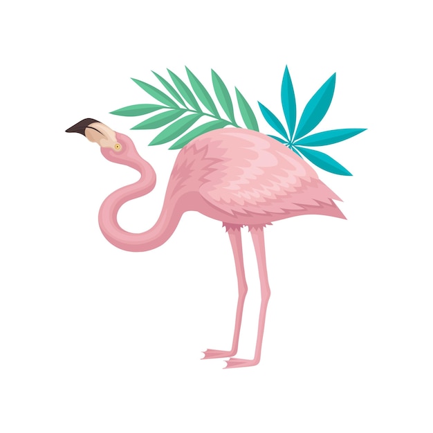 Flamingo con plumas rosadas suaves y hojas verdes de palmeras Buen pájaro con patas y cuello largos Elemento gráfico decorativo para invitaciones de boda o pancartas Diseño vectorial plano aislado