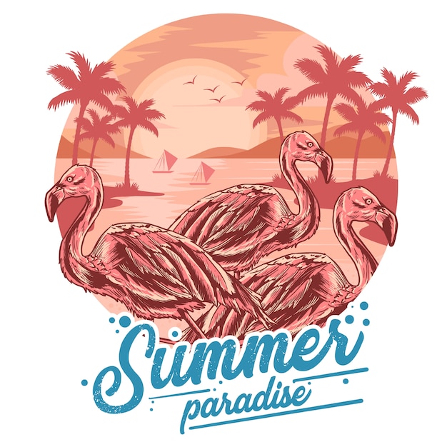 Flamingo summer beach y coconut tree view sunset vector para elementos y camisas de arte