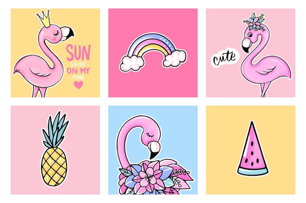 Vector flamingo summer posters set rainbow watermelon pineapple ilustraciones de stock