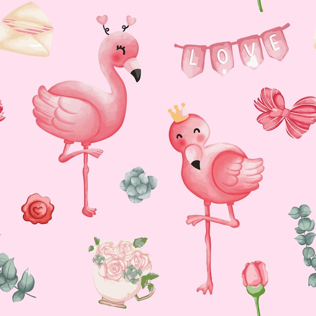 Flamingo Valentine Seamless patrón San Valentín y amor de fondo