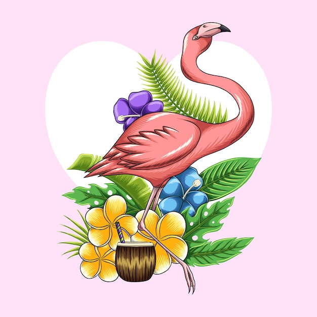 Flamingo verano flores tropicales y follaje