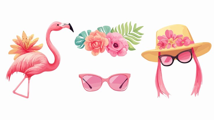 Vector flamingos coloridos de dibujos animados vectoriales y accesorios florales con gafas