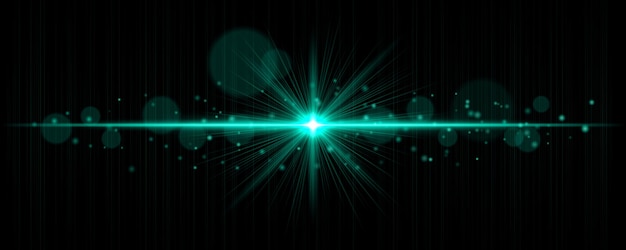 Flare de luz vibrante con rayos brillantes y partículas de bokeh suaves en fondo negro Efecto de brillo vectorial horizontal elegante para resaltes digitales y diseños cinematográficos