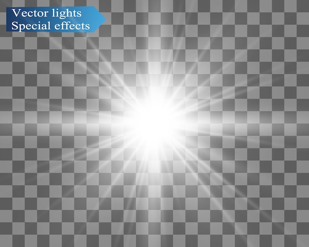 Flash de lente especial, efecto de luz. El flash destella rayos y reflector. illust Luz blanca brillante. Hermosa estrella Luz de los rayos. El sol está a contraluz. Hermosa estrella brillante. Luz del sol. Destello.