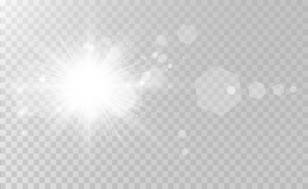 Flash de lente especial, efecto de luz. El flash destella rayos y reflector. Luz blanca brillante. Hermosa estrella Luz de los rayos. El sol está a contraluz. Hermosa estrella brillante. Luz de sol. Destello.