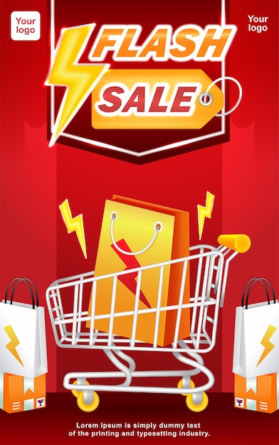 Vector flash sale ilustración 3d de bolsa de compras y carro con efecto relámpago