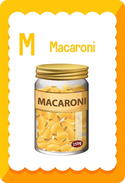 Flashcard del alfabeto con la letra M para macarrones