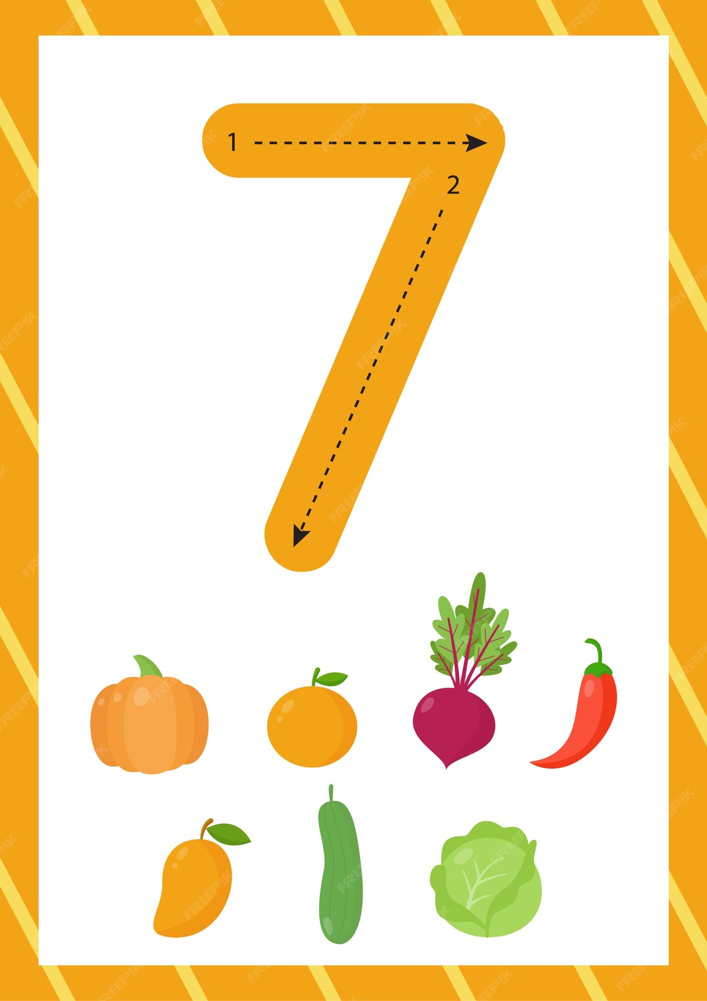 Flashcard para aprender números con frutas y verduras vectoriales de dibujos animados. cómo escribir el número siete. | Vector Premium Flashcard para aprender números con frutas y verduras vectoriales de dibujos animados. cómo escribir el número siete. | Vector Premium