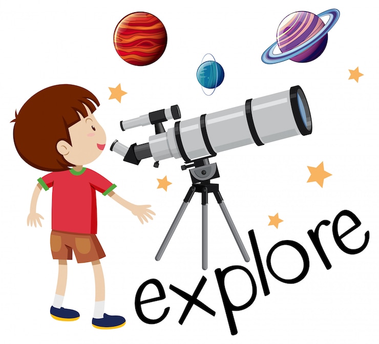 Vector flashcard para explorar con niños mirando a través del telescopio