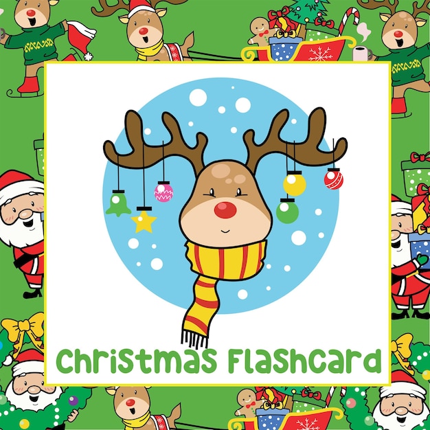 Flashcard de Navidad para niños. Lindo reno de Papá Noel. ilustración vectorial