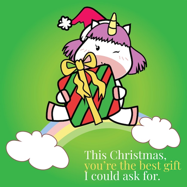 Flashcard de Navidad para niños. Lindo tema de unicornio. Listo para imprimir. ilustración vectorial