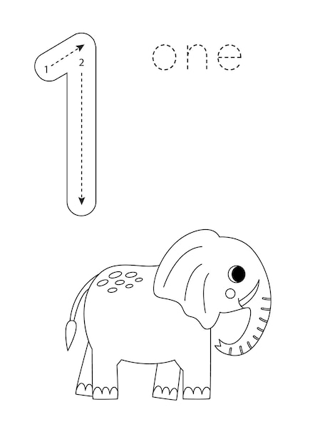 Flashcard número 1 Hoja de trabajo preescolar Lindo elefante de dibujos animados