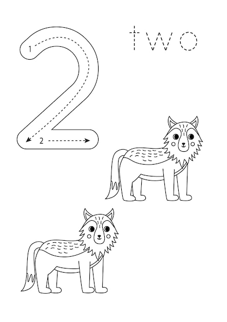 Flashcard número 2 Hoja de trabajo preescolar Lobos de dibujos animados lindo