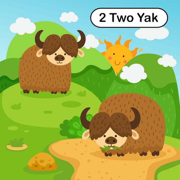Flashcard número dos con 2 yak aprendiendo para el vector de ilustración infantil