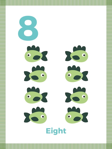 Flashcard número ocho para el aprendizaje preescolar de matemáticas en inglés para niños ilustración vectorial