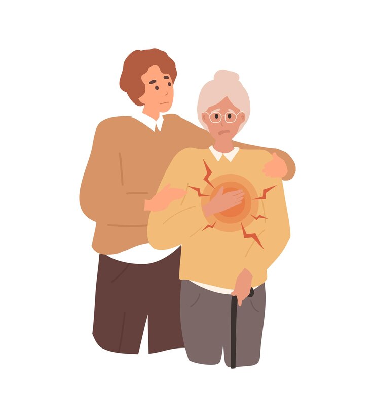 Vector flat anciano, la anciana tiene un fuerte dolor en el pecho, un ataque al corazón, el hijo ayuda a la madre, el cuidado del ataque al corazón