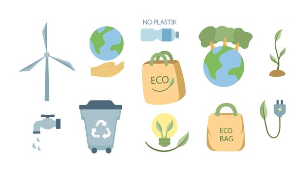Flat Design EcoFriendly Set with Recycling Planting and Green Energy Symbols
