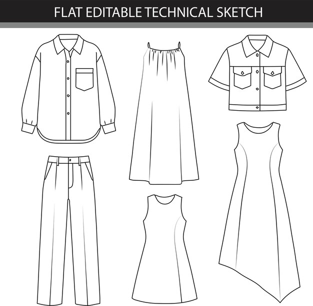 Flat Editable Technical Sketch of Various Clothing Items