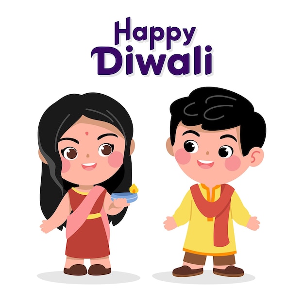 Flat happy diwali cartoon niños niños con lámpara de aceite