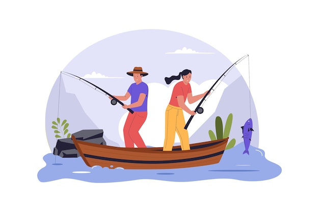 Flat Illustration of Couple Fishing on Boat in Nature River