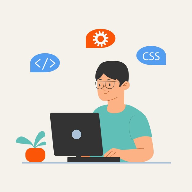 Flat illustration of male programmer coding at desk with CSS icons Perfect for tech blogs websites tutorials and web development content Developer is sitting at desk in modern minimalistic style
