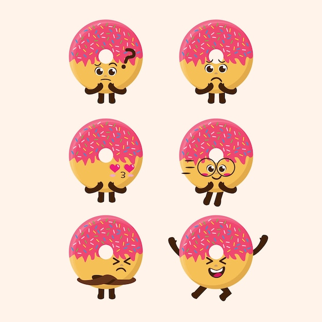 Flat Kawaii Cute Pink Sprinkle Donut Mascot Carácter Ilustración Conjunto