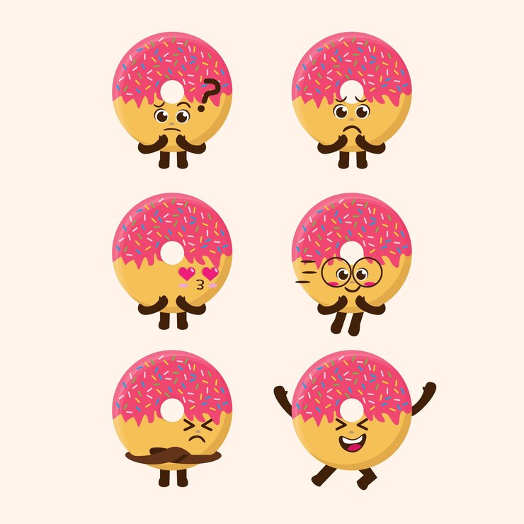 Flat Kawaii Cute Pink Sprinkle Donut Mascot Carácter Ilustración Conjunto