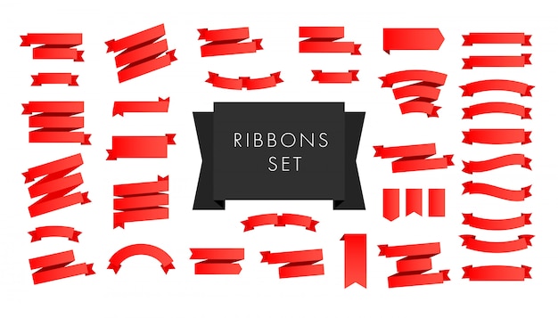 Flat lay red ribbon set aislado fondo blanco.