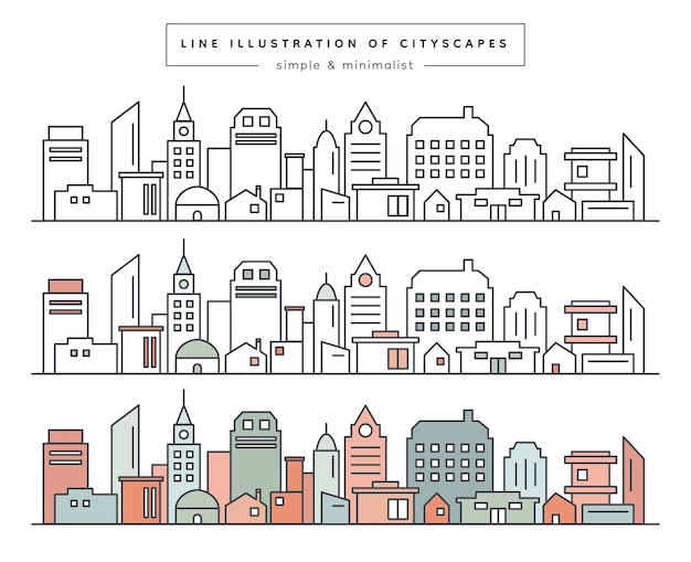 Flat Line Cityscape Icon Set Horizonte urbano Ciudad moderna y arte de líneas arquitectónicas