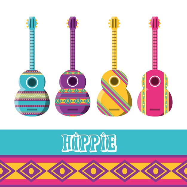 Flat set icon guitar instruments concepto de hippie