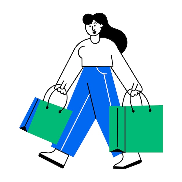 A flat style illustration showing a happy shopping girl