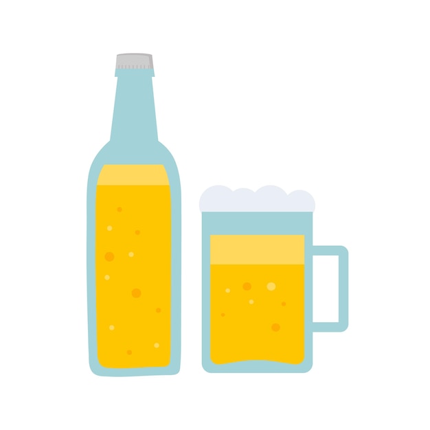 Flatstyle botella y jarra de cerveza sobre fondo blanco.