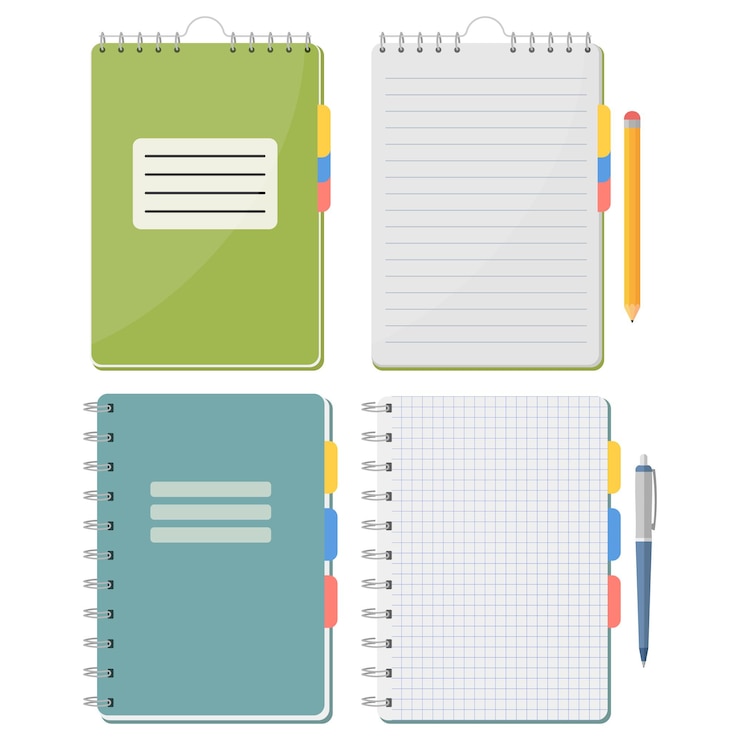 Vector flatstyle collection of notebooks with spiral binding open pages and accessories perfect for mockups planners and designs notebook with tabs and pencil grid and lined pages