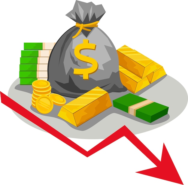 Flecha hacia abajo. el calendario de la caída del presupuesto. inversión. el declive del mercado y la economía. gana dinero con los negocios y la inflación. el icono de reducción de beneficios.
