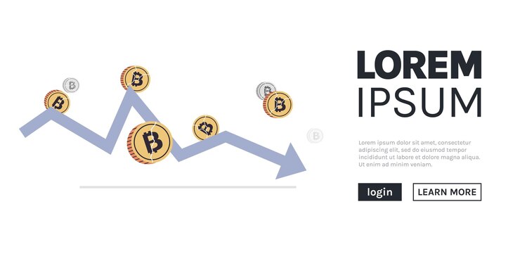 Vector flecha hacia abajo de criptomoneda e ilustración de vector plano de caída de precio de bitcoin.