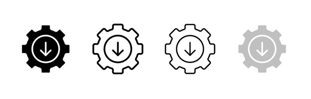 Flecha hacia abajo dentro de la engranaje silueta lineal y plano estilo iconas vectoriales