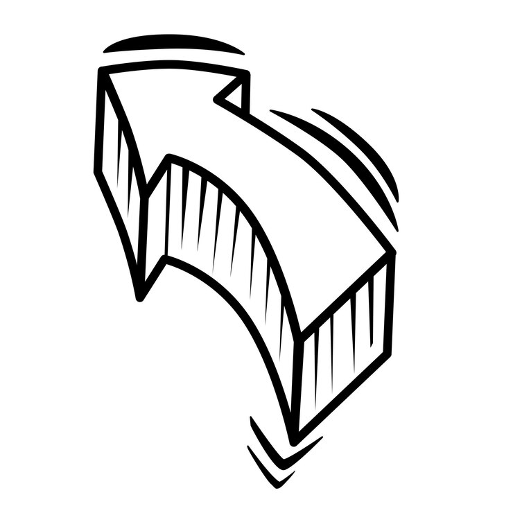 Vector flecha abstracta vectorial 3d dibujo a mano puntero curvo geométrico hacia la izquierda dibujado aislado para el diseño