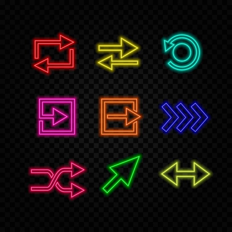 Vector flecha aislada con contorno de neón que brilla sobre un fondo rojo12