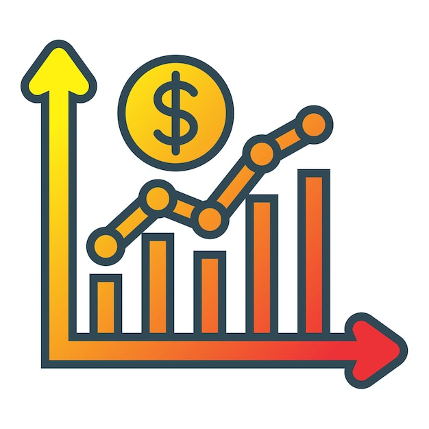 Vector una flecha amarilla apuntando hacia arriba con un gráfico que dice dólar