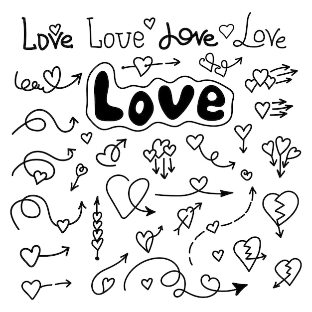 Flecha de amor con corazón y escritura a mano con letras Elementos de conjunto de garabatos vectoriales