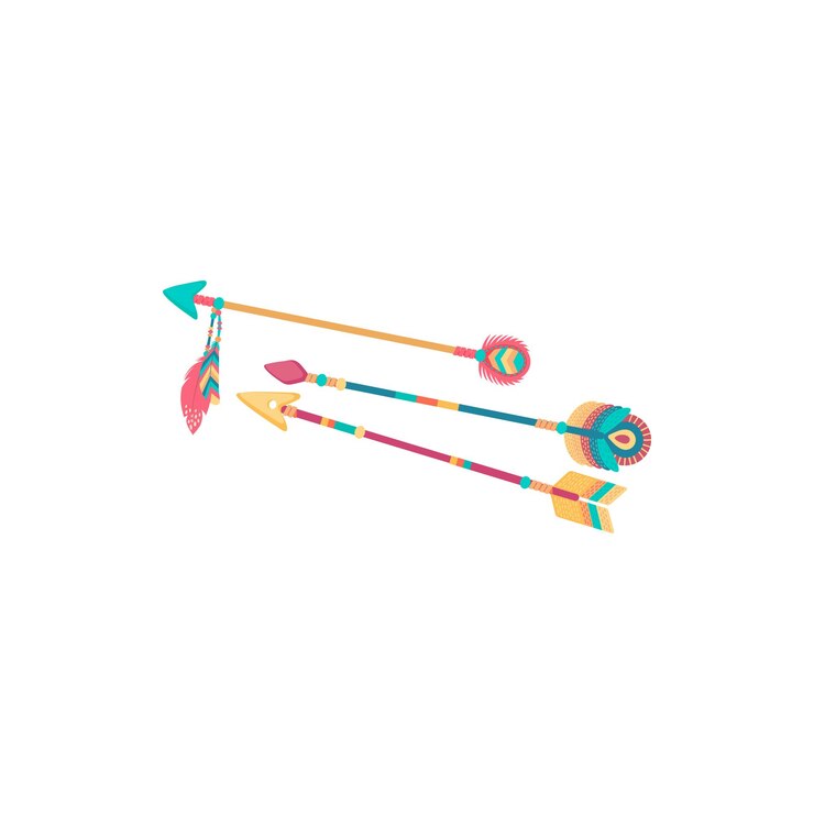 Vector flecha de arco indio con plumas en estilo tribal icono de dibujos animados plano aislado vector azteca arquero o receptor equipo de tiro tradicional flecha étnica nativos americanos arma retro objeto de tiro con arco