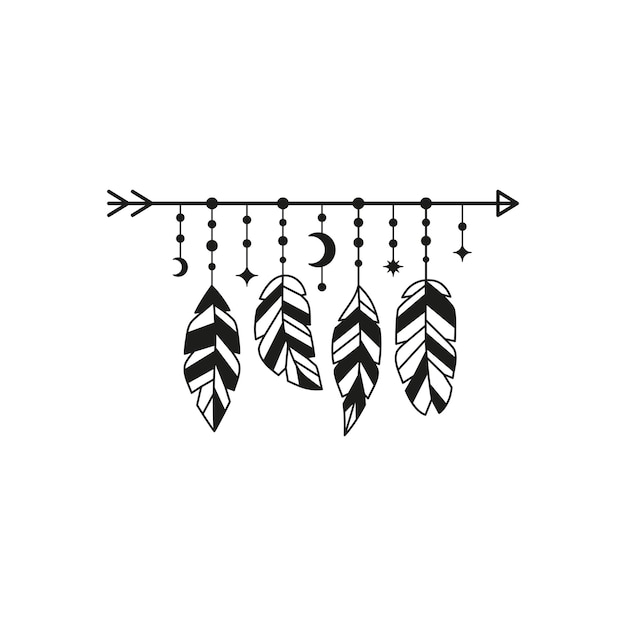Flecha boho con plumas y estrellas de luna creciente