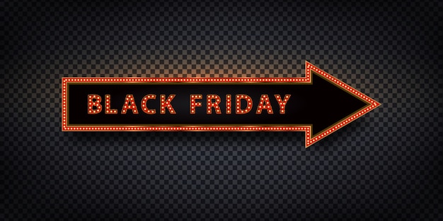 Flecha de cartelera de neón aislada realista de vector para black friday para decoración y revestimiento.