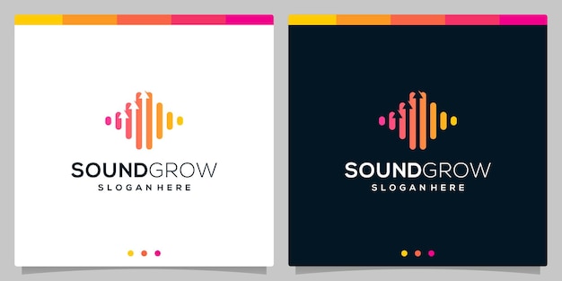 Flecha creciente con elemento de concepto de logo de onda de audio de sonido. Vector premium