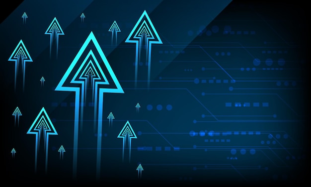 Vector flecha de crecimiento empresarial hacia arriba digital sobre fondo de neón azul circuito de tecnología de gráfico de inversión para el éxito estrategia de tecnología de datos financieros gráfico de mercado beneficio dinero vector hitech resplandor en la oscuridad