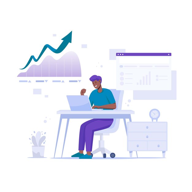 Flecha de crecimiento de marketing hacia arriba en el escritorio Hombre Personas Ilustración plana